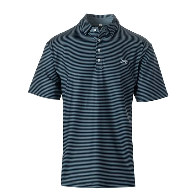Navy striped polo shirt with a logo on a white background