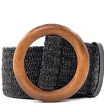 Black woven belt with a wooden buckle on a white background
