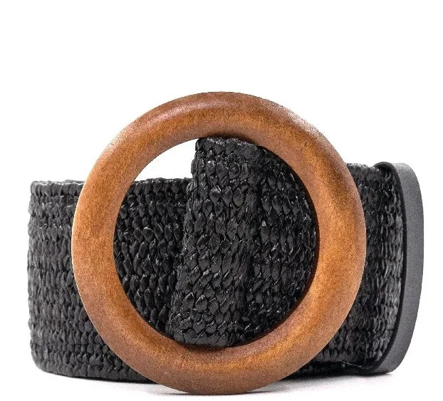 Black woven belt with a wooden buckle on a white background
