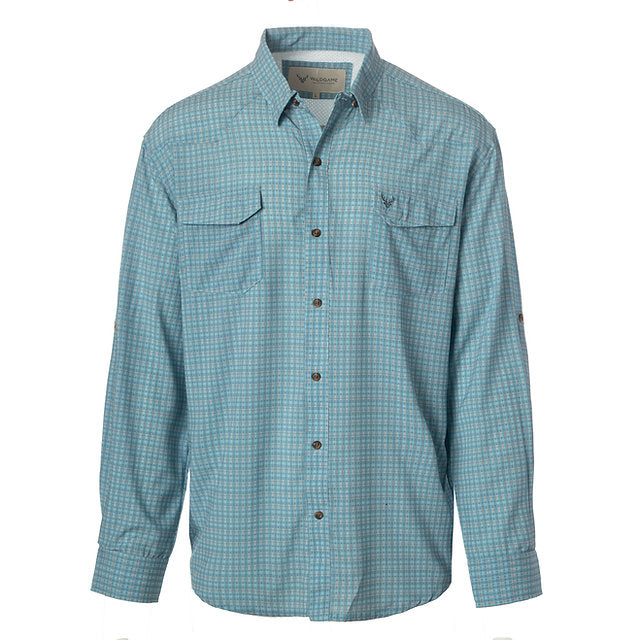 Blue plaid shirt with button details on a white background