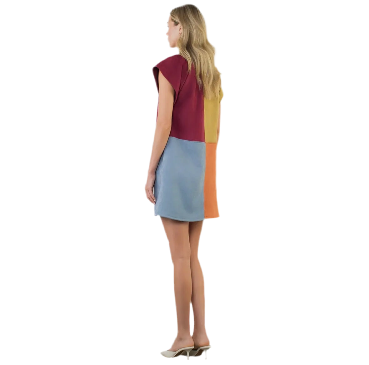 Colorblocked 4 panel suede dress in blue Maroon orange and chartreuse 