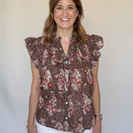 Brown Flutter Sleeve Button Top, Styled - THML