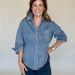 Denim Button Down Blouse, Back View - Miou Muse