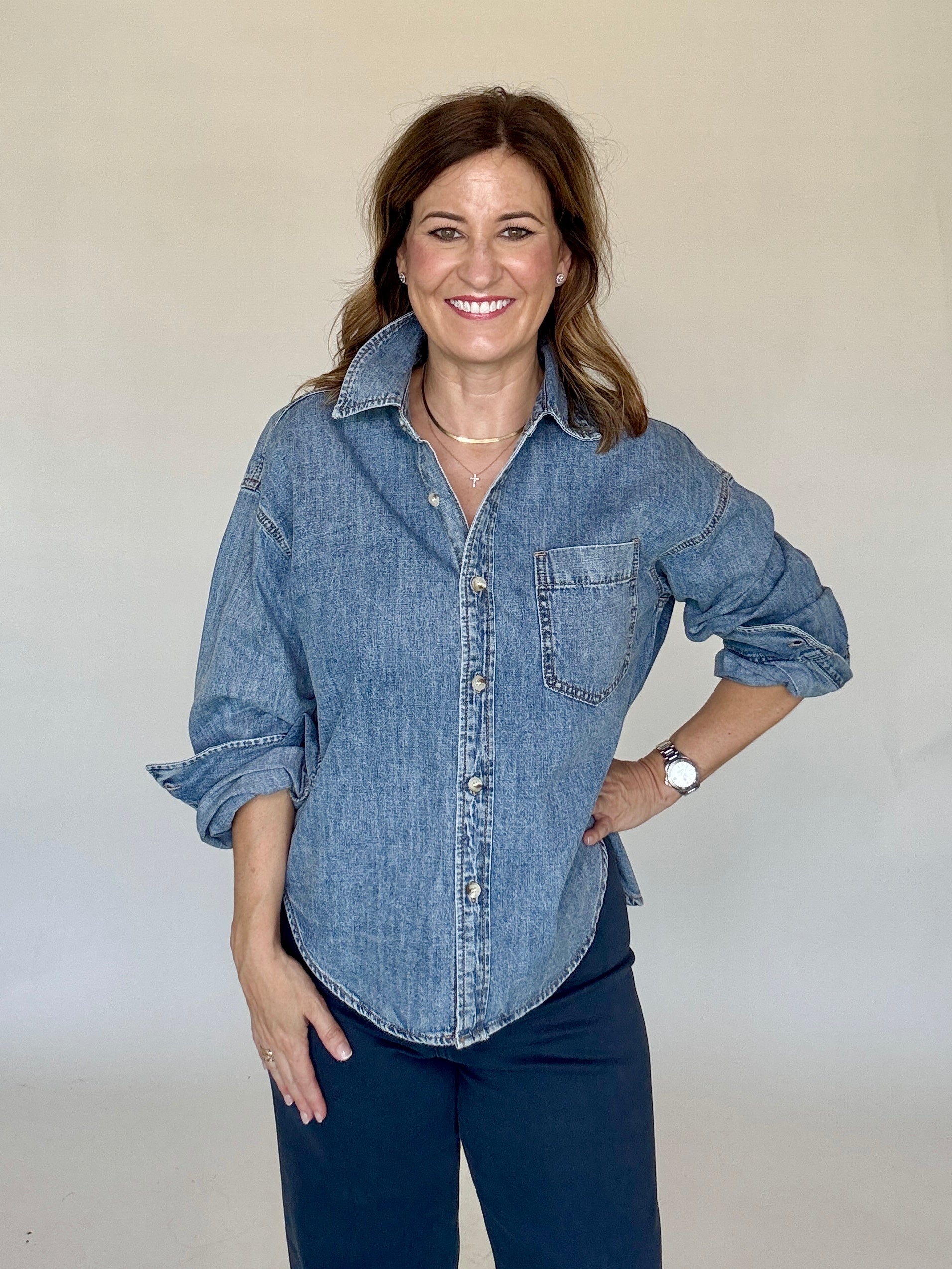 Denim Button Down Blouse, Back View - Miou Muse