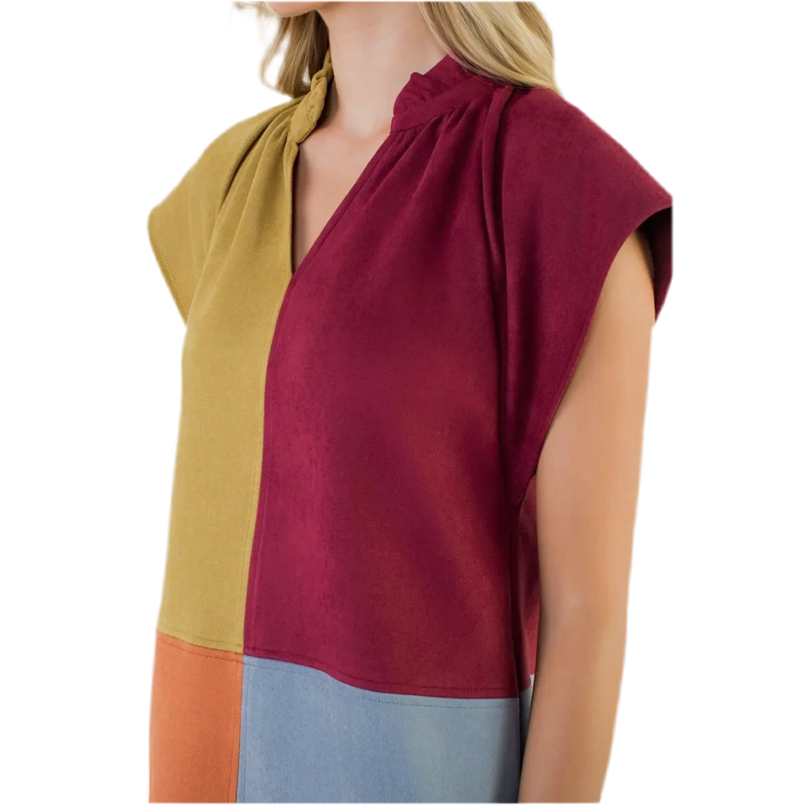 Colorblocked 4 panel suede dress in blue Maroon orange and chartreuse 