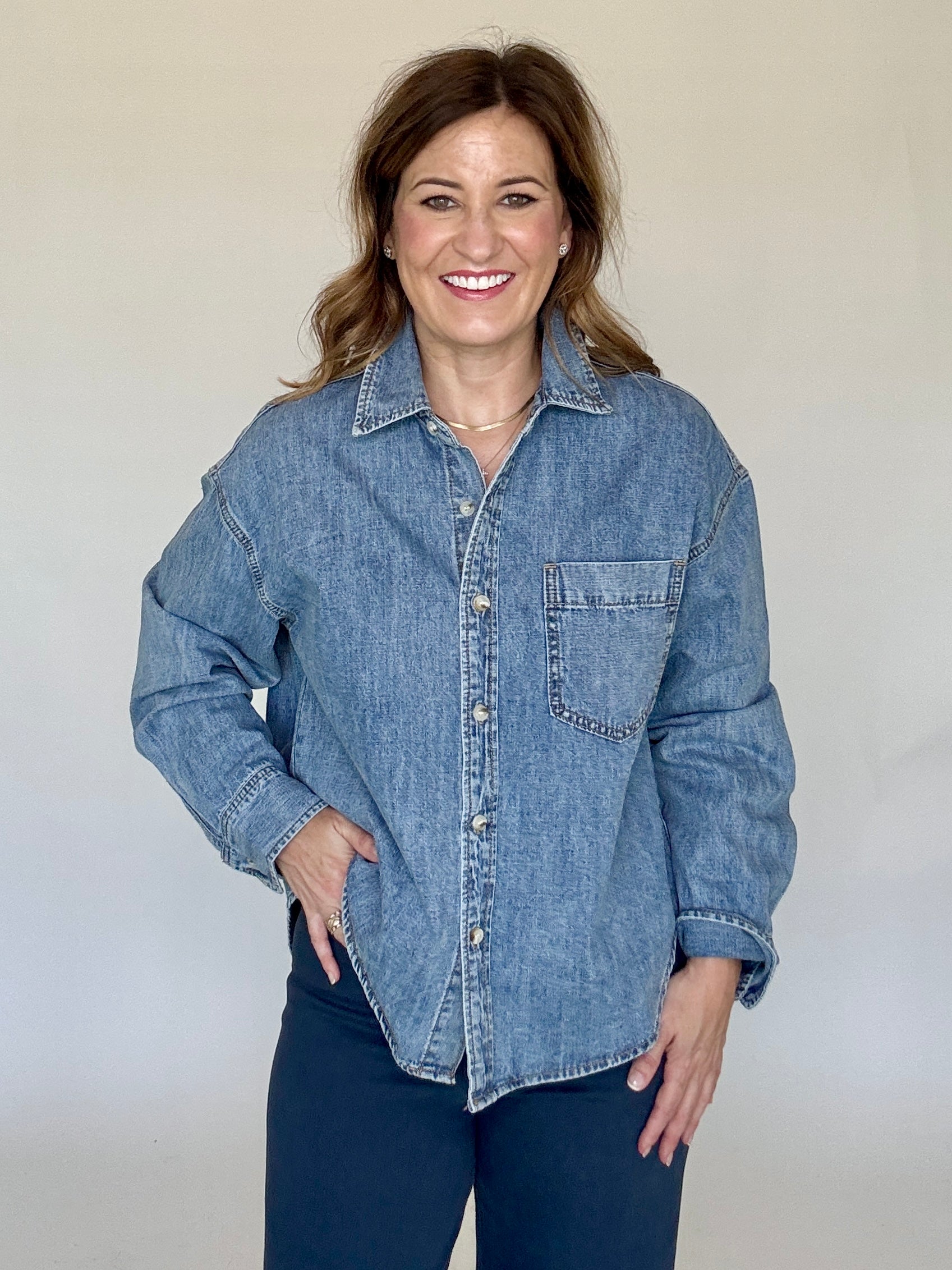 Denim Button Down Blouse, Styled - Miou Muse