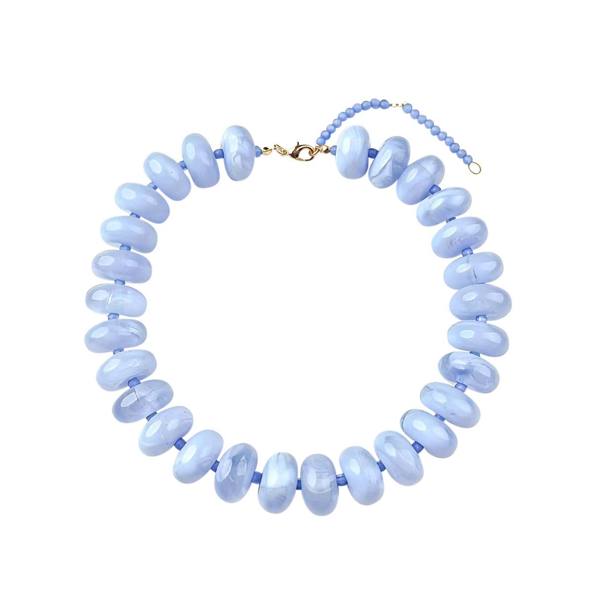 Necklace with light blue beads on a white background