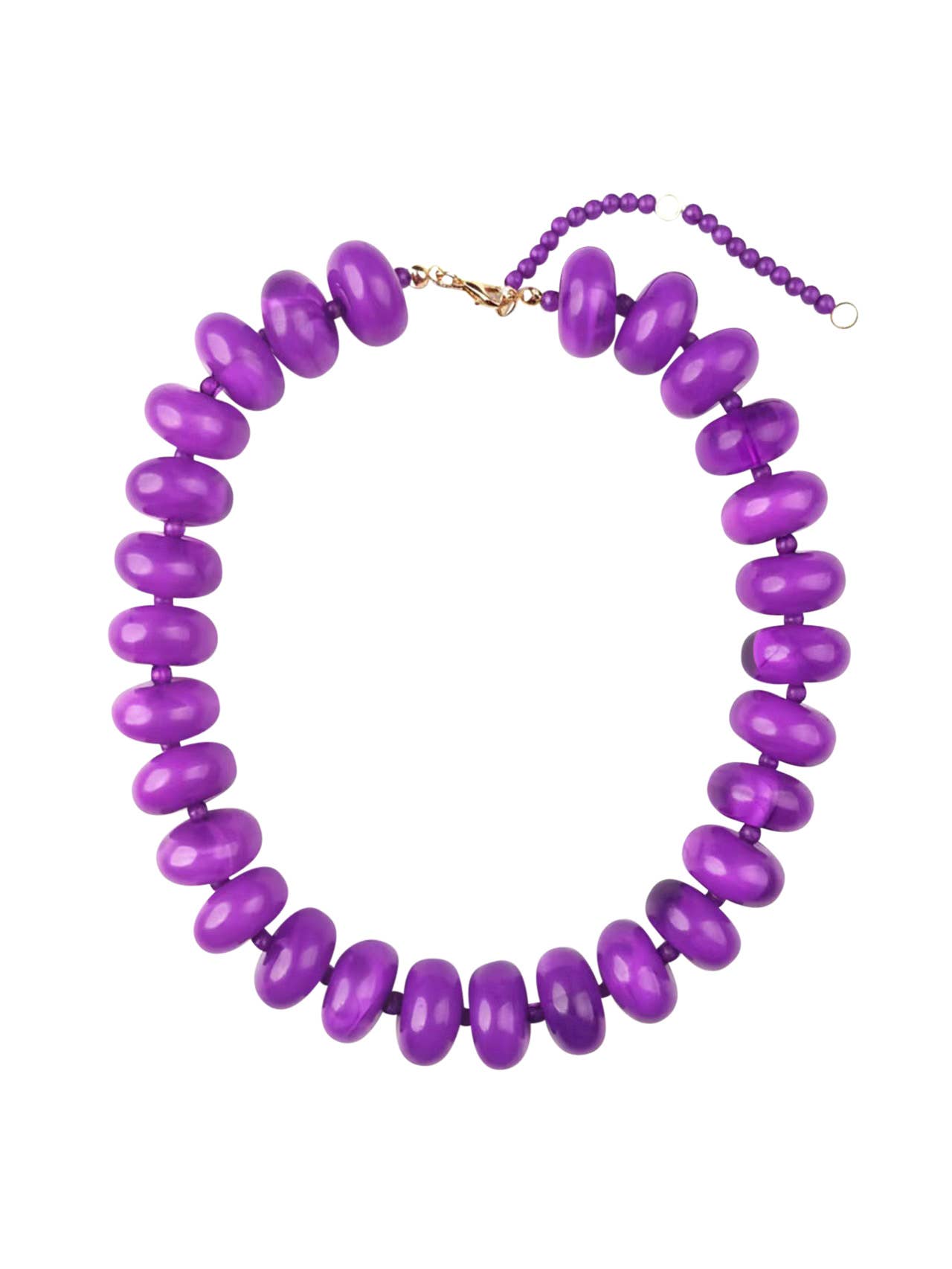 Purple beaded necklace on a white background