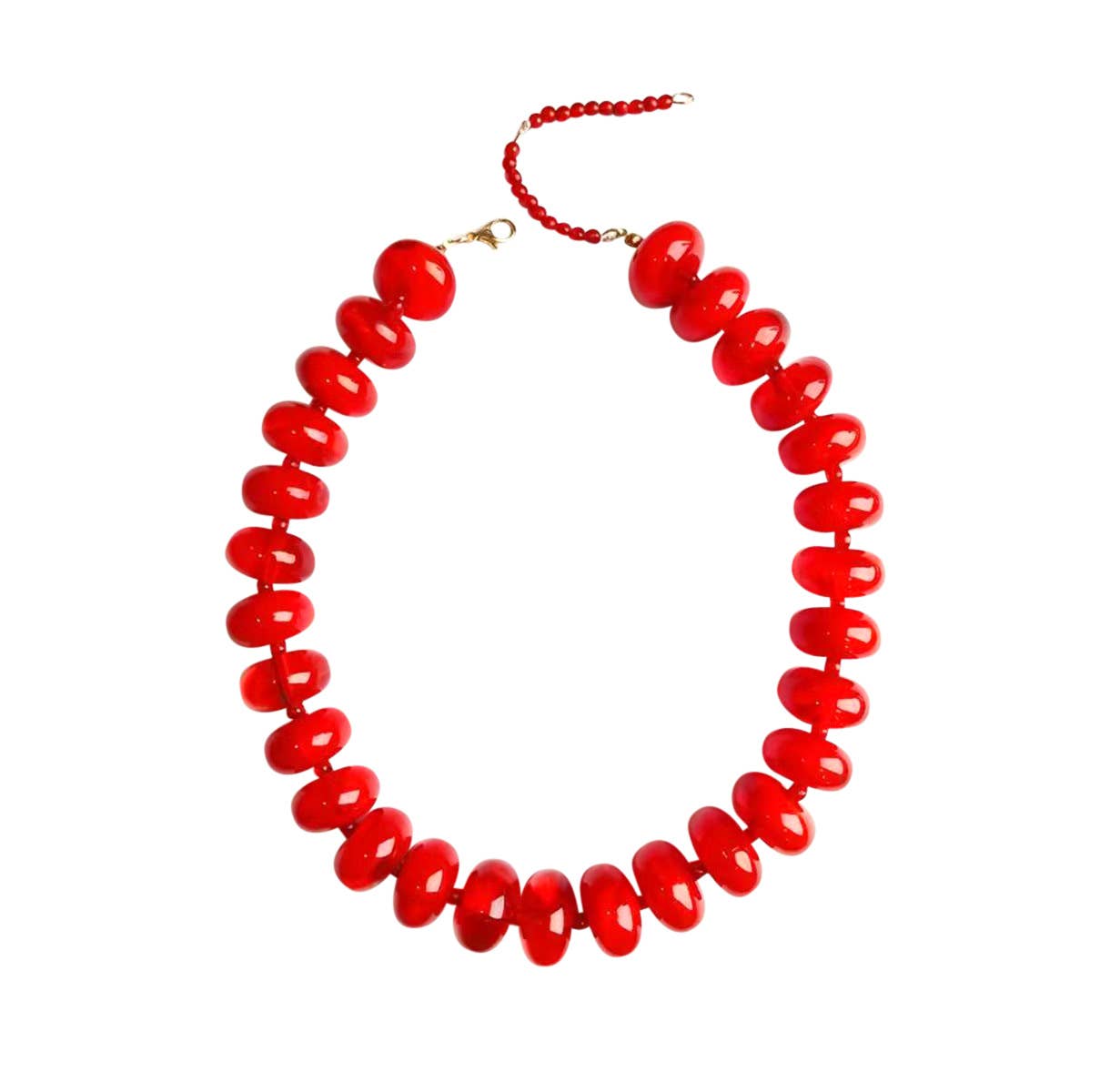 Red beaded necklace on a white background