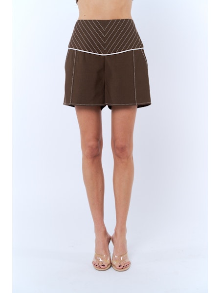 Brown shorts with white stitching on a white background