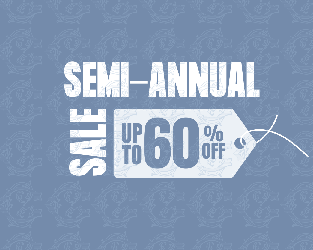 Promotional poster with 'Semi-Annual Sale Up to 60% Off' text on a blue background with subtle patterns.