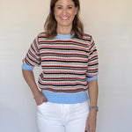 Horizontal Stripe Knit Top, Navy Light Blue Orange White Tan - THML