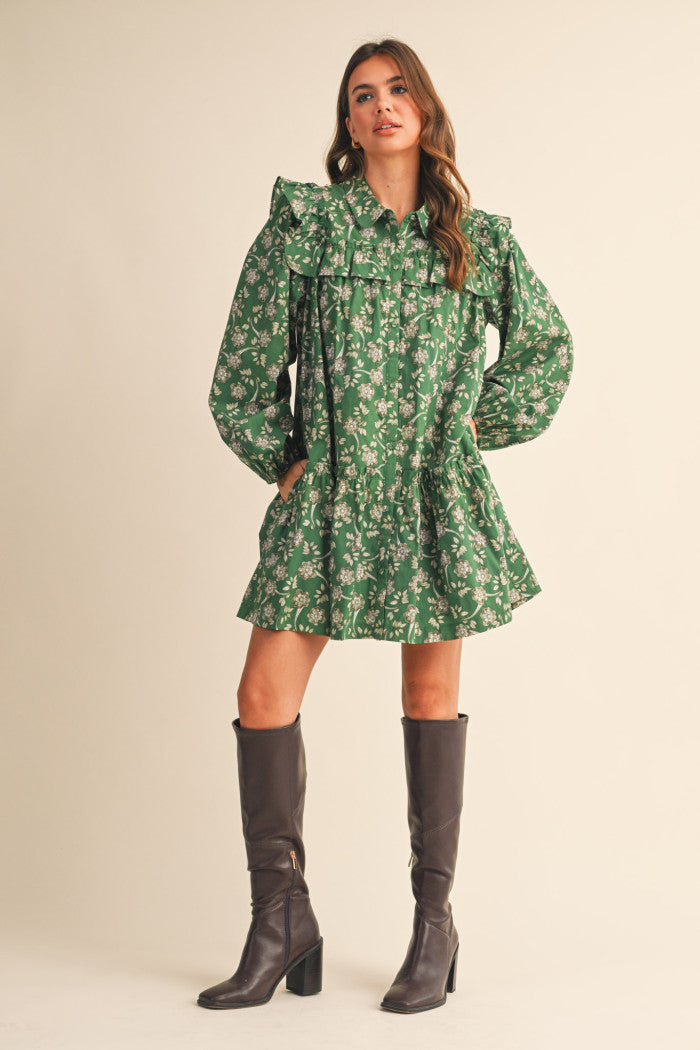 Long sleeve floral green dress 