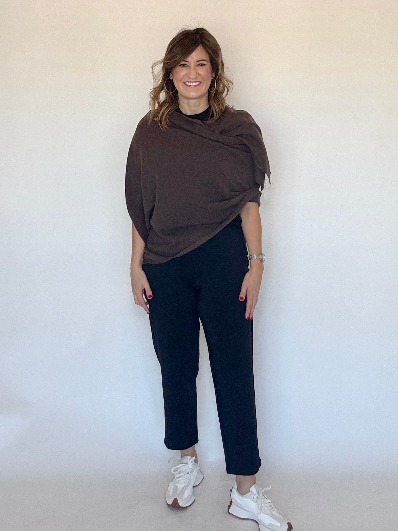 100% cashmere wrap in chocolate, styled - Chatsworth Boutique