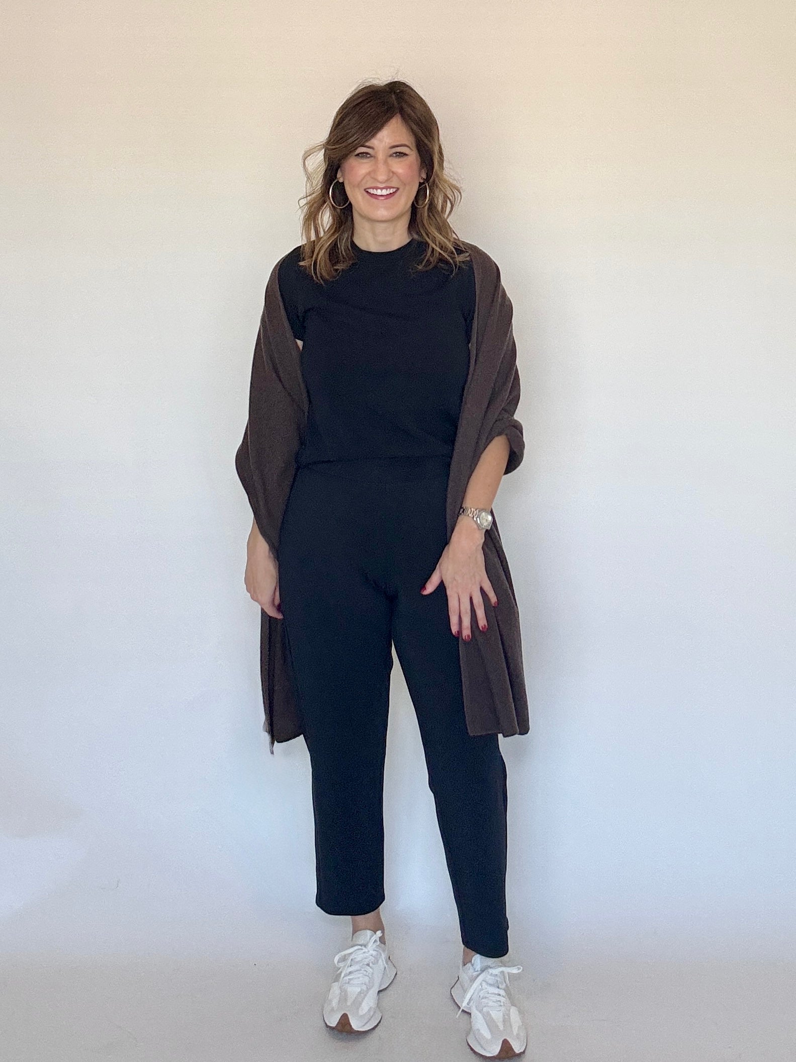 100% cashmere wrap in chocolate worn as a shawl - Chatsworth Boutique