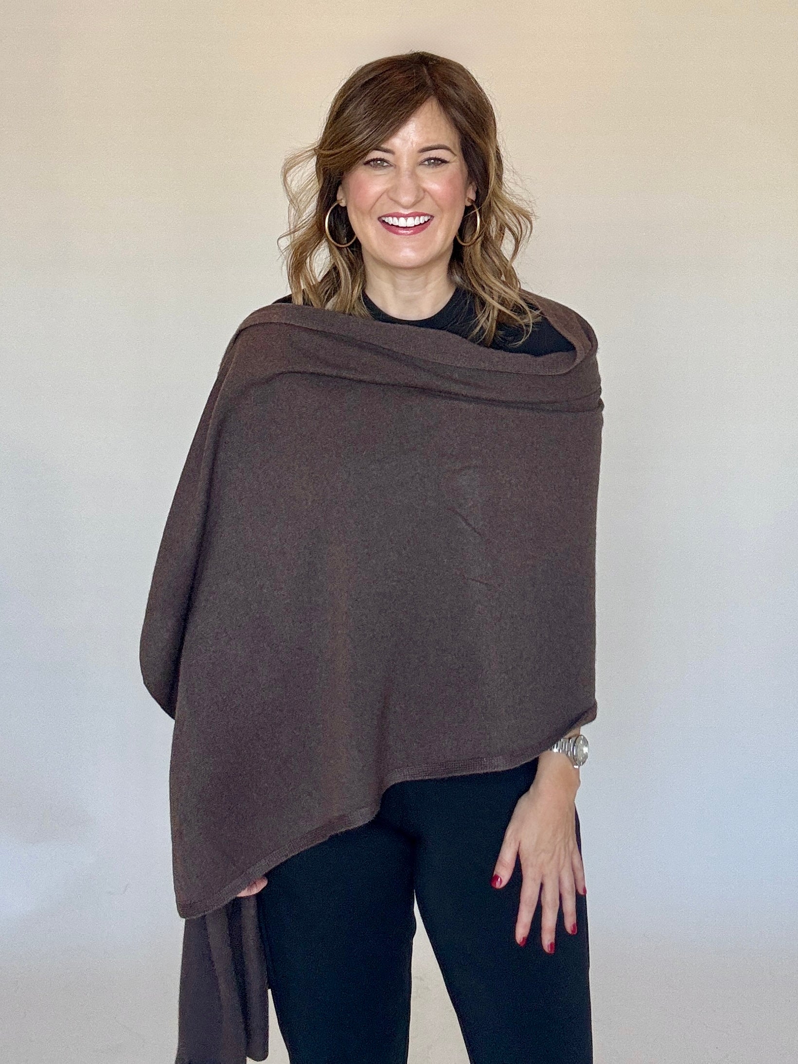 100% cashmere wrap in chocolate, detail - Chatsworth Boutique