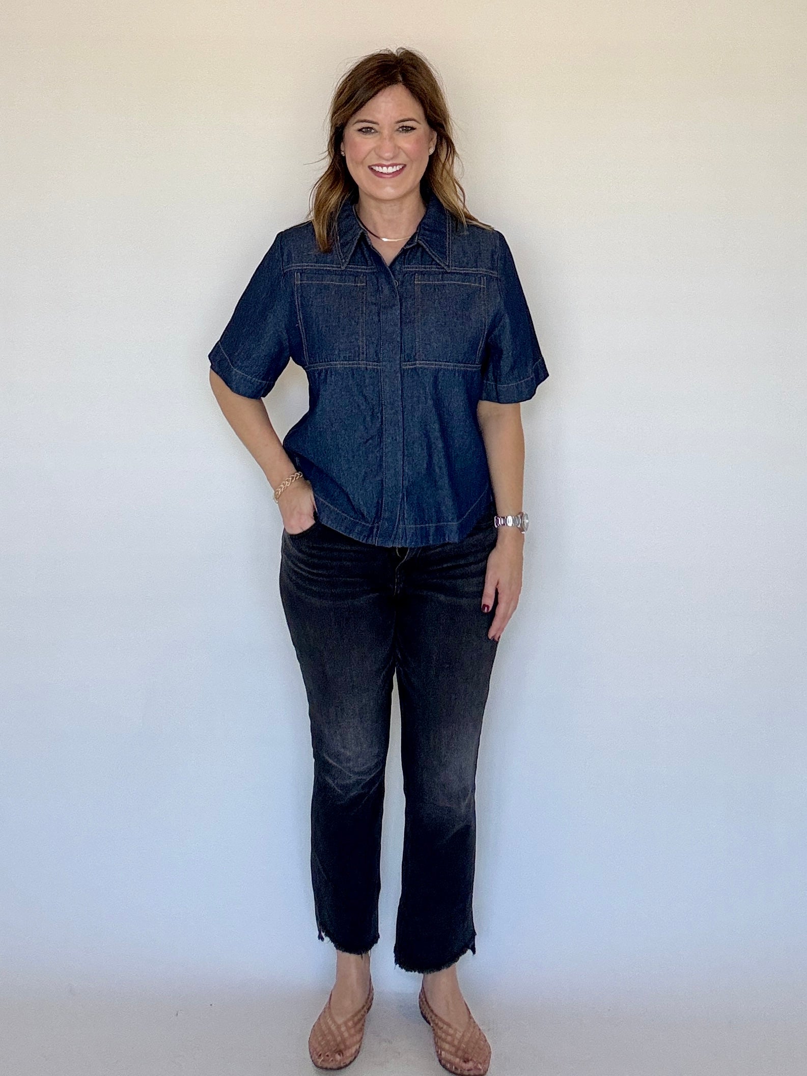 Denim Boxy Button Up Blouse, Detail - THML