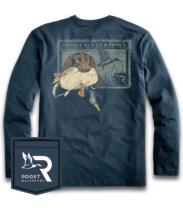 Navy long-sleeve shirt with duck and dog graphic and Roost Waterfowl logo on a white background