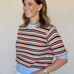 Horizontal Stripe Knit Top, Navy Light Blue Orange White Tan, Detail - THML