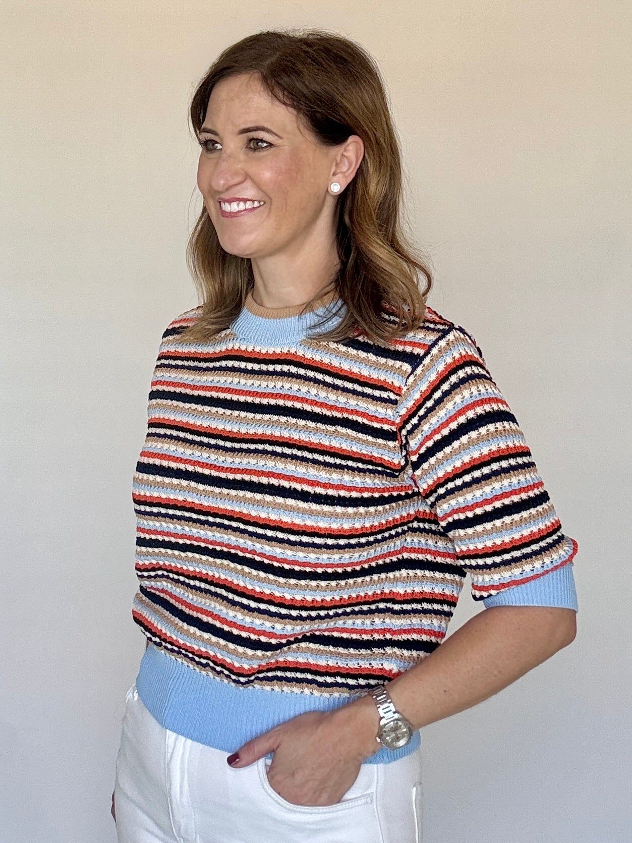 Horizontal Stripe Knit Top, Navy Light Blue Orange White Tan, Detail - THML