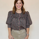 Floral Shirring Yoke Neck Blouse by En Merci, styled on model - Chatsworth Boutique