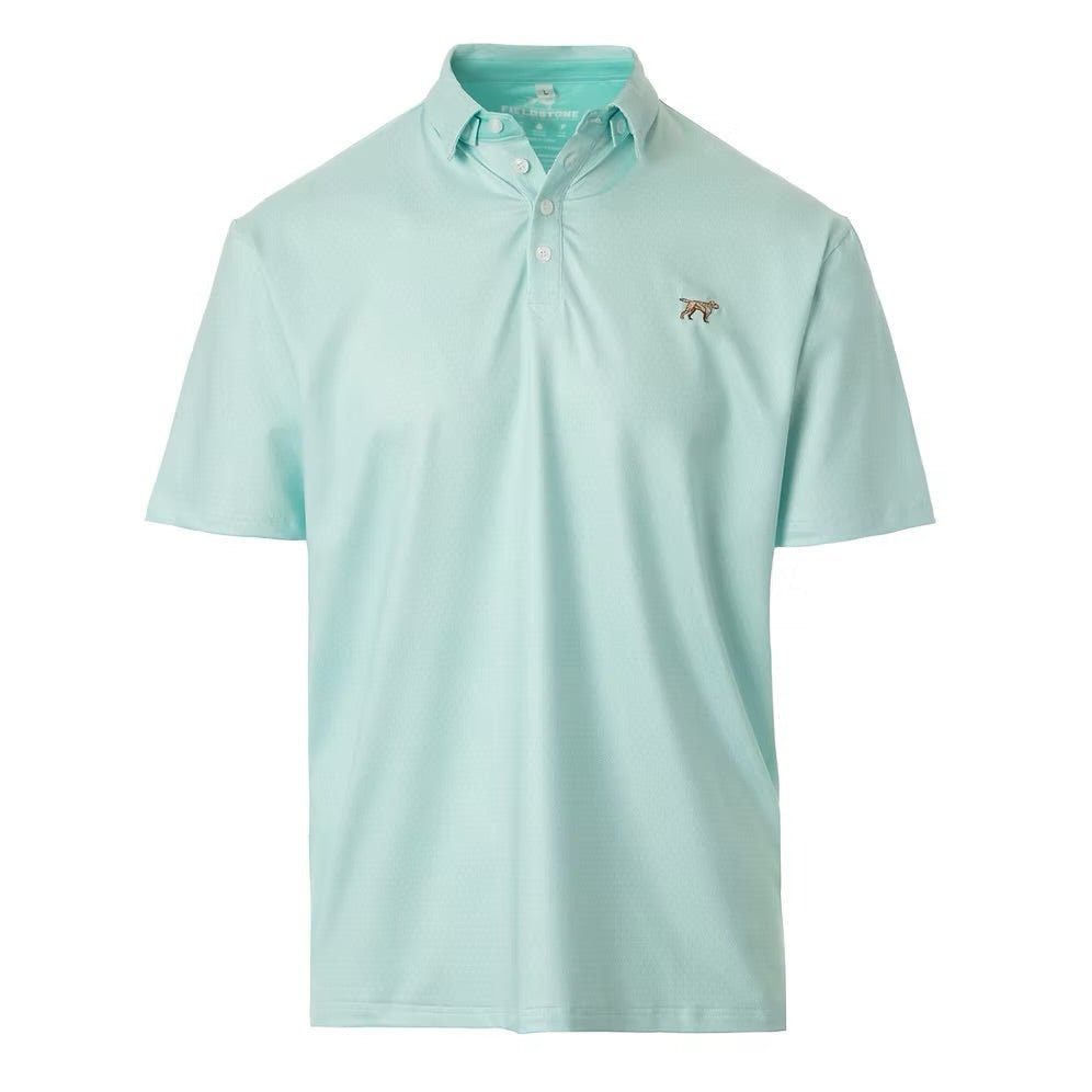 A mint green performance polo with a dog logo on the chest.
