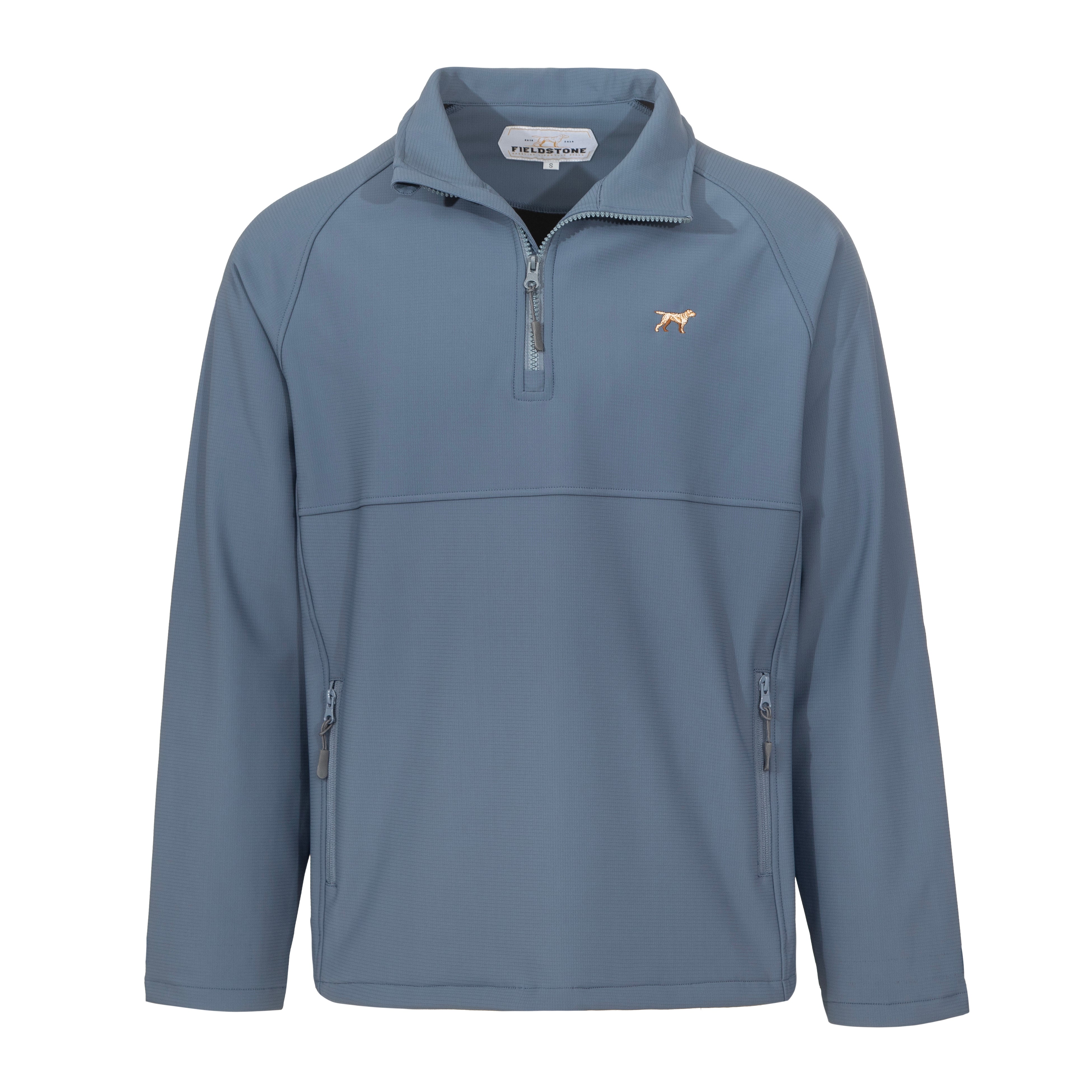 Blue pullover with a small dog logo on a white background