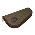 Brown quilted pouch with a leather patch on a white background