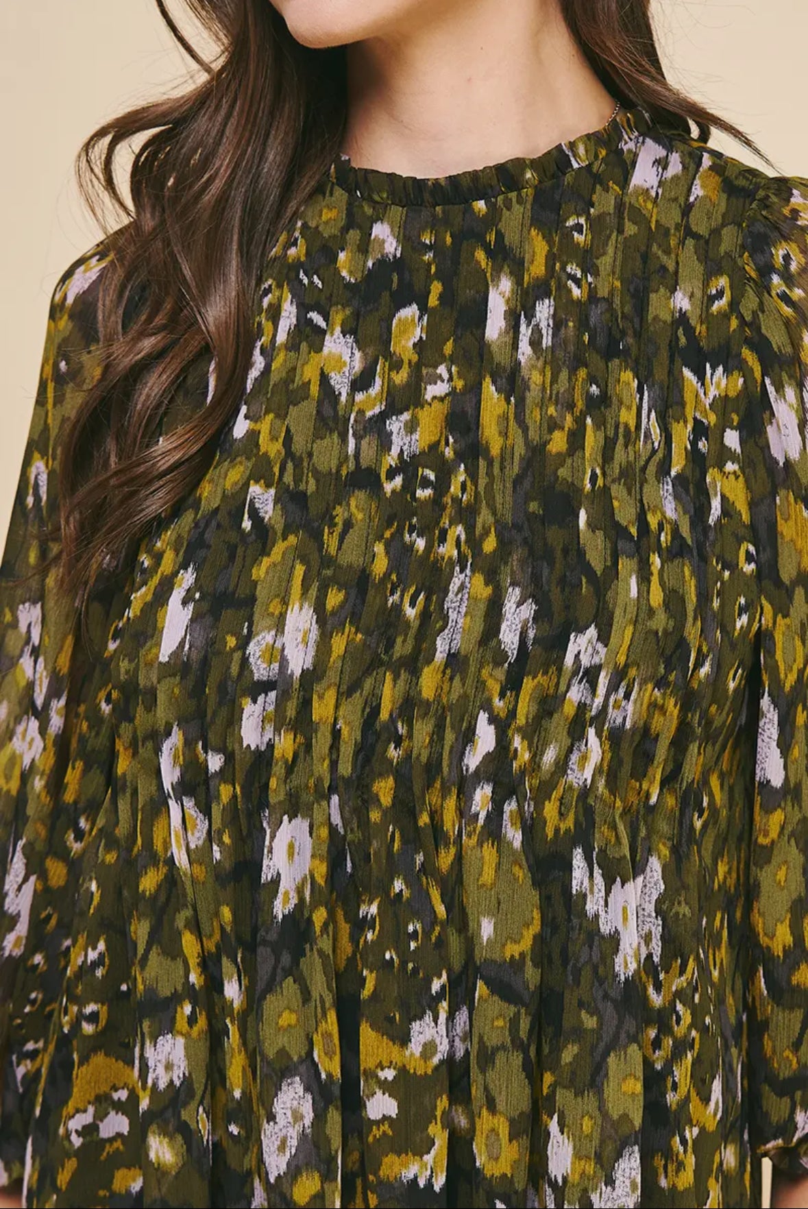 floral pintuck 3/4 length sleeves mini dress