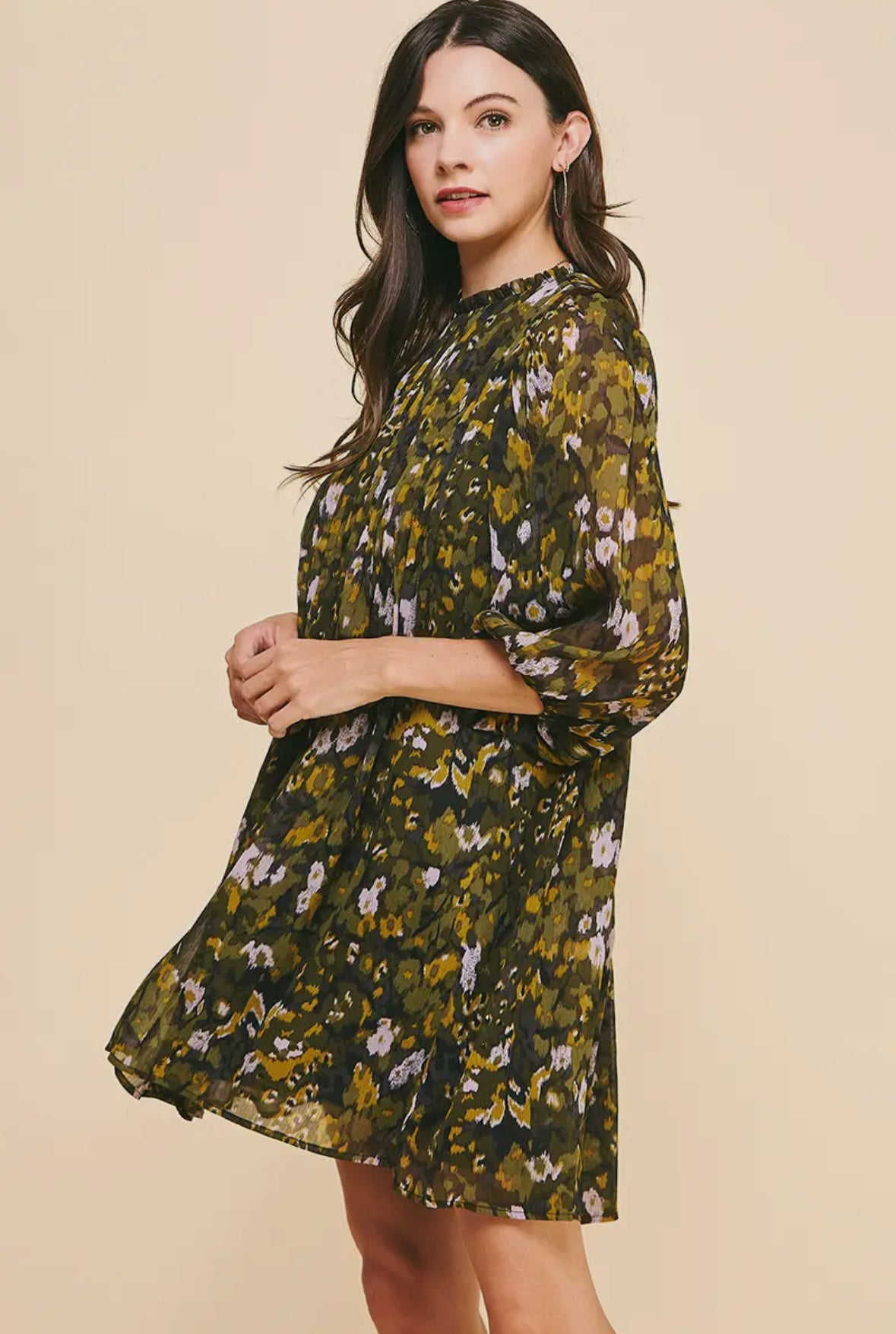 floral pintuck 3/4 length sleeves mini dress