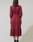 red tartan plaid midi ruffle skirt dress with tie belt