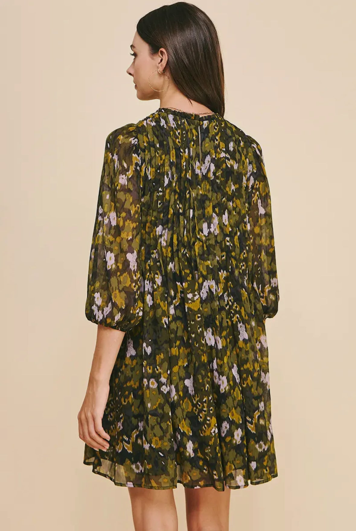 floral pintuck 3/4 length sleeves mini dress