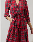 red tartan plaid midi ruffle skirt dress with tie belt