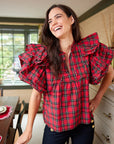 ruffle sleeve tartan Christmas plaid top
