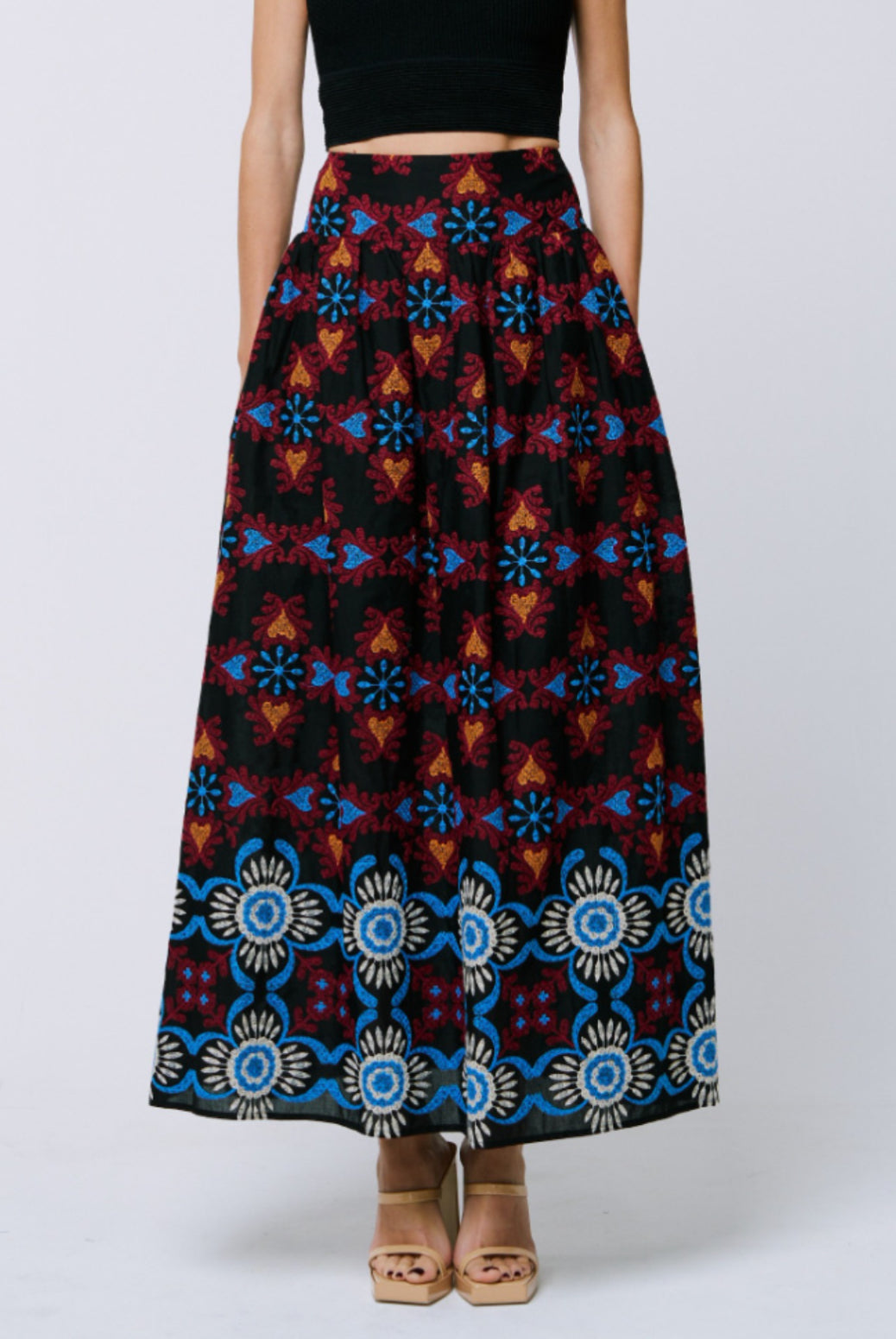 embroidered maxi festive resort skirt