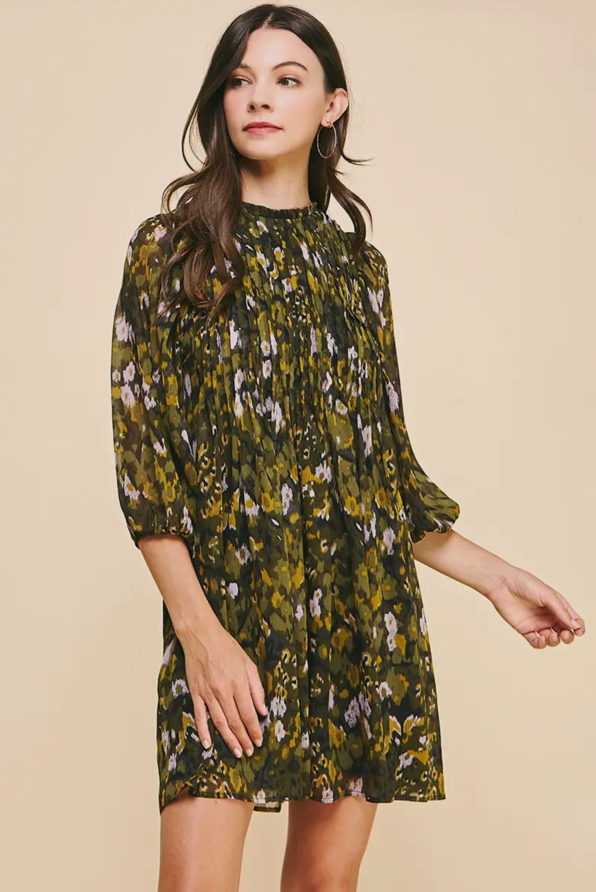 floral pintuck 3/4 length sleeves mini dress