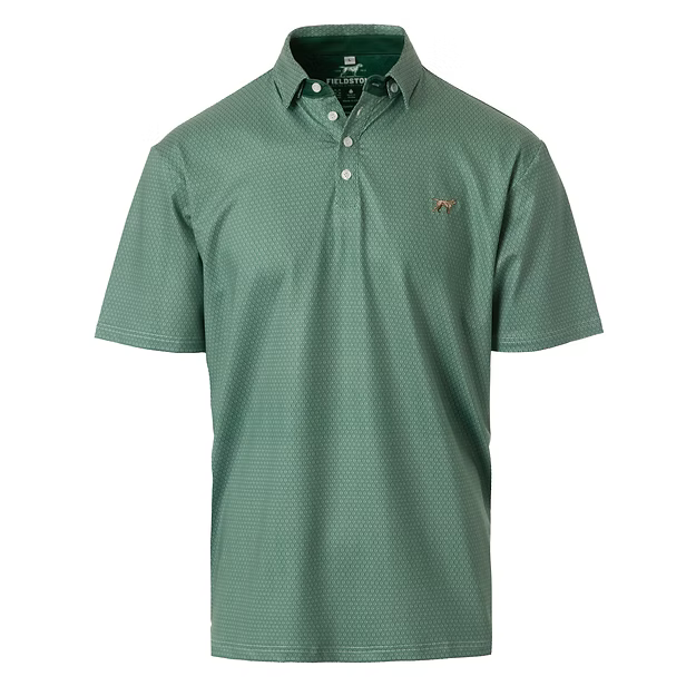 Green polo shirt with a small logo on a white background