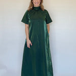 Green Satin Maxi Dress by Entro, full length with mock neck and short sleeves