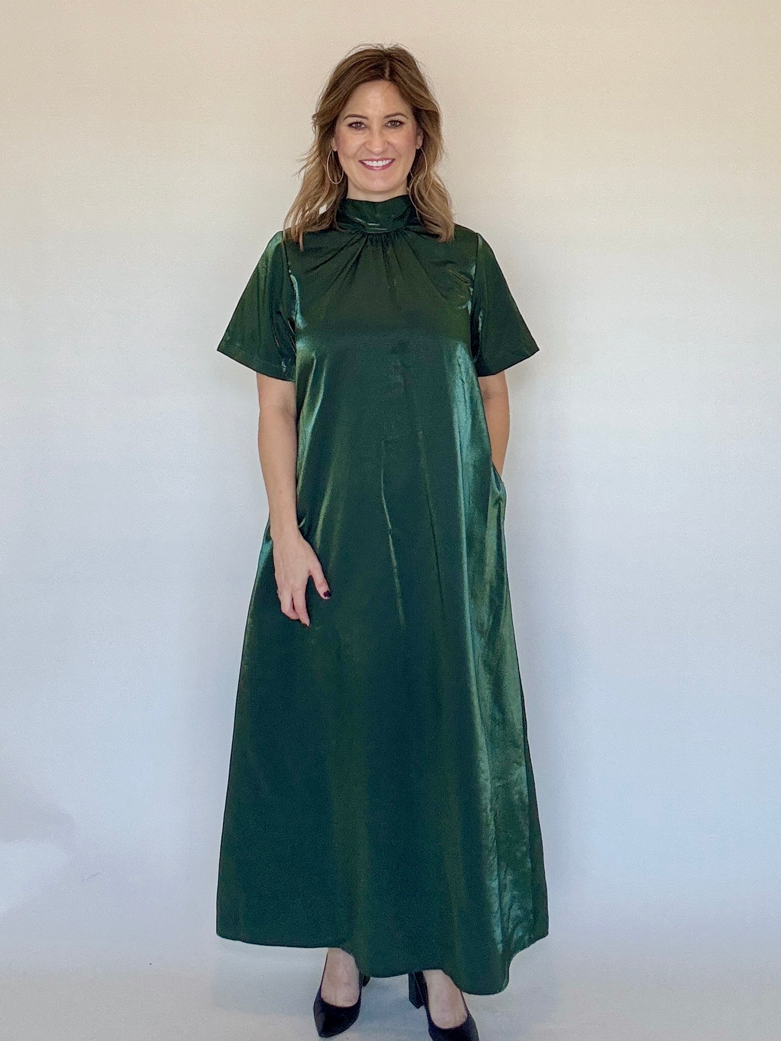 Green Satin Maxi Dress by Entro, full length with mock neck and short sleeves