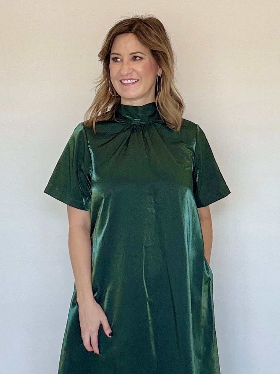 Entro green satin maxi dress, close view of the gathered mock neck, at Chatsworth Boutique