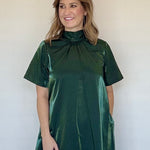 Entro green satin maxi dress, close view of the gathered mock neck, at Chatsworth Boutique