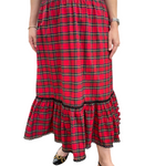smocked waist pull on red tartan midi skirt