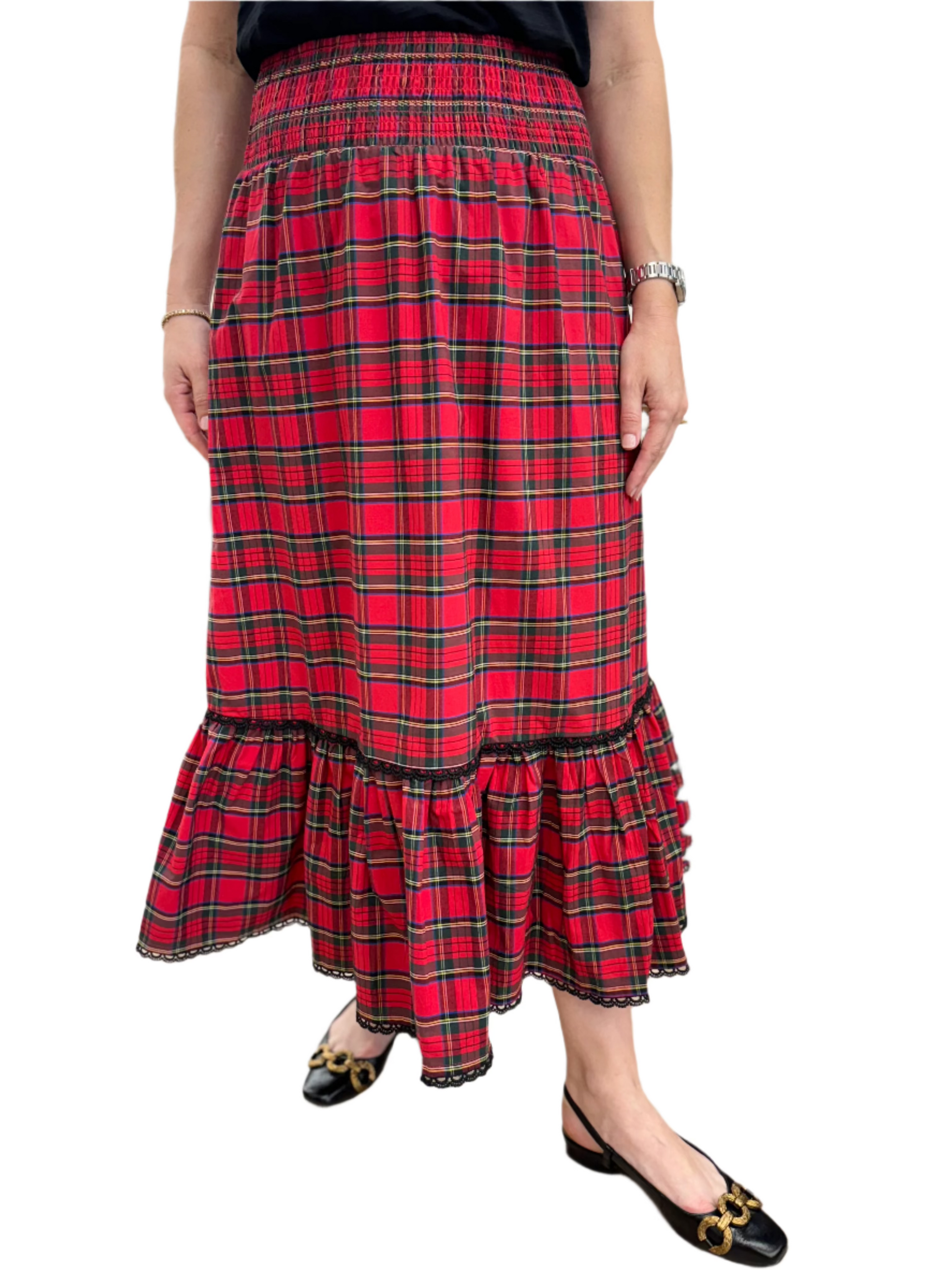 smocked waist pull on red tartan midi skirt