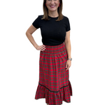 smocked waist pull on red tartan midi skirt