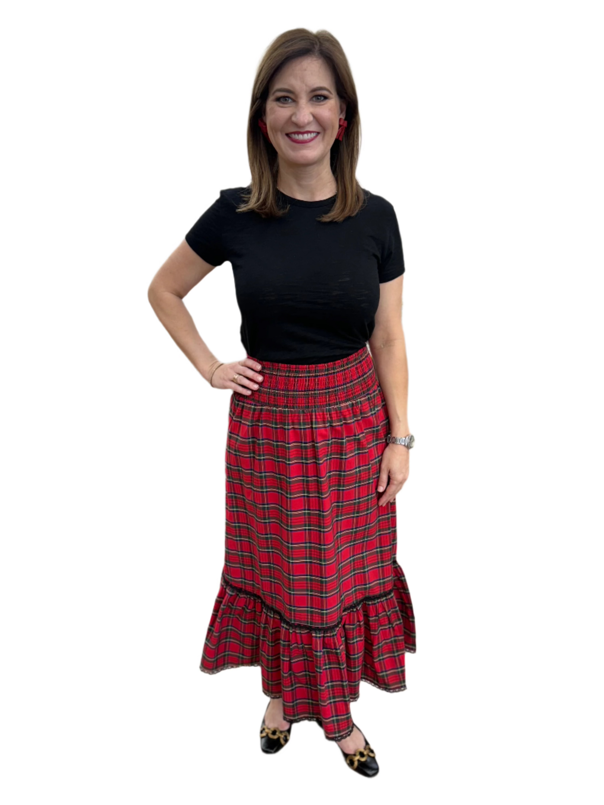 smocked waist pull on red tartan midi skirt