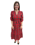 red tartan plaid midi ruffle skirt dress with tie belt
