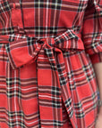 red tartan plaid midi ruffle skirt dress with tie belt