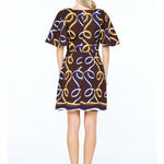 Ribbon Print Brown Mini Dress, Back View - Ciebon