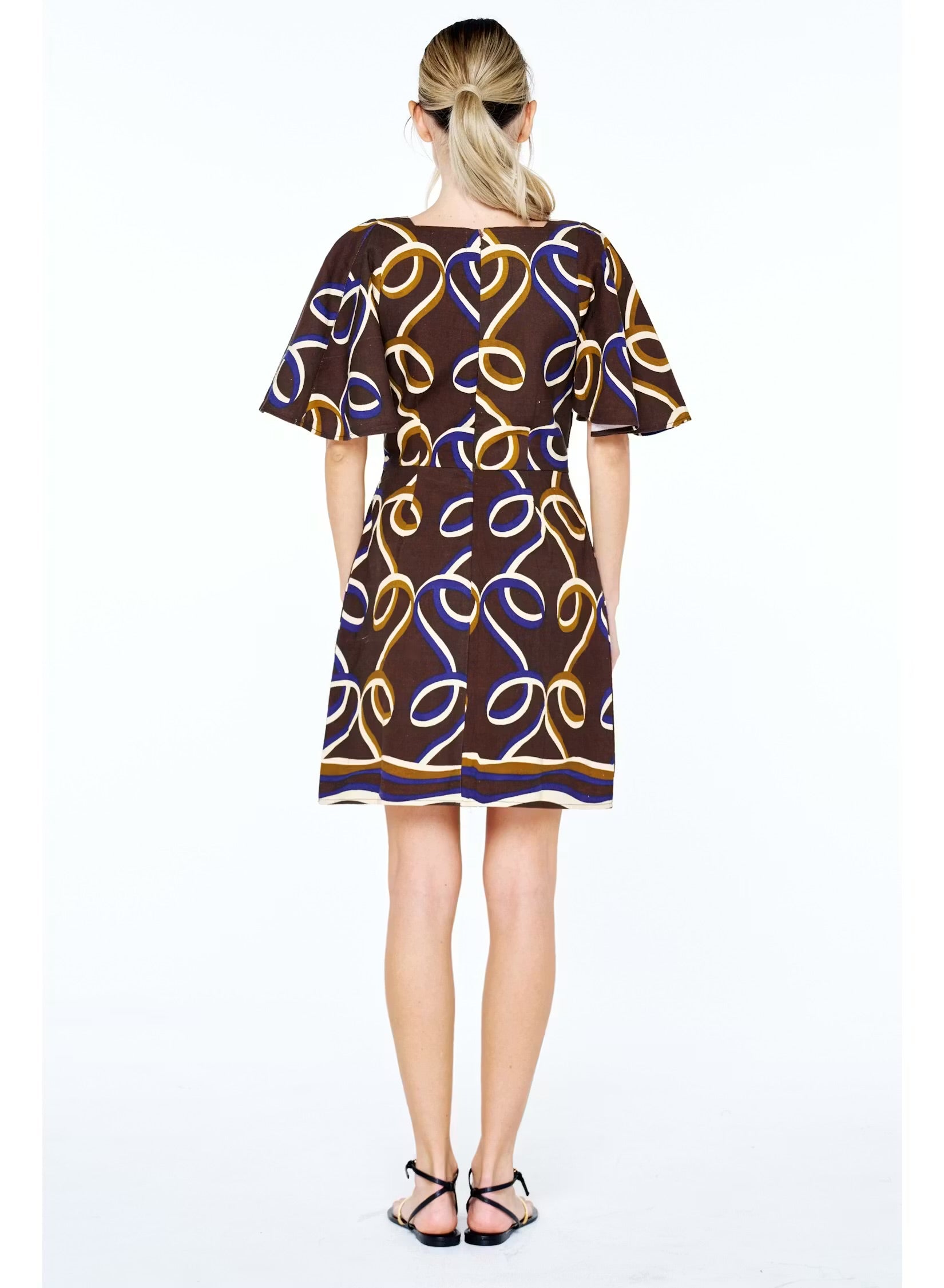 Brown V-Neck Mini Dress, Gold & Blue Ribbon Print | Ciebon