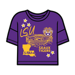 Purple t-shirt with LSU logo and Geaux Tigers against Tiger Stadium.